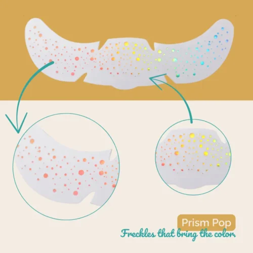 Prism Pop – holo mavrične pike kot začasni tatuji za obraz. Na soncu se preliva­jo v barve, obstojni 24+ ur, vodoodporni in odporni na znoj.