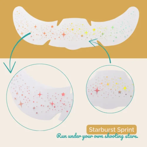 Starburst Sprint – holo zvezdni začasni tatuji za obraz, ki se pod soncem prelivajo v mavrične barve. Obstojni 24+ ur, odporni na vodo in znoj.
