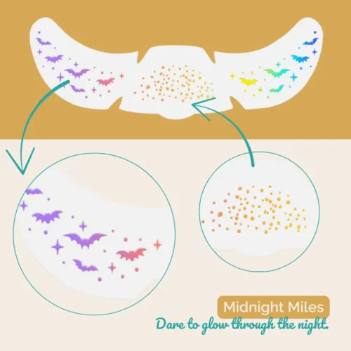 Midnight Miles – holo netopirji in bleščice kot začasni tatuji za obraz. Prelivajo se v mavrične barve, obstojni 24+ ur, vodoodporni in odporni na znoj.
