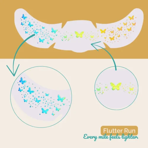 Flutter Run – holo mavrični metulji kot začasni tatuji za obraz Freck Yeah. Obstojni 24+ ur, vodoodporni in odporni na znoj. Popolni za teke, festivale in lahkotne žure.