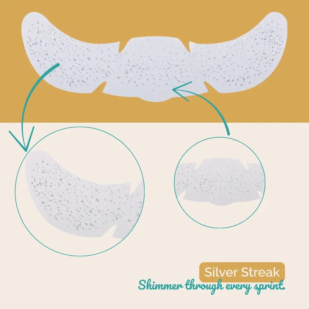 Silver Streak – srebrni začasni tatuji za obraz s kovinskim leskom. Obstojni 24+ ur, vodoodporni in odporni na znoj.