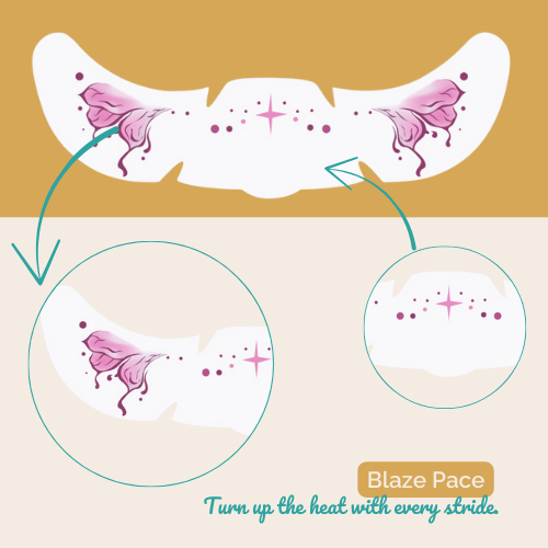 Rožnato-žareč obrazni motiv v obliki plamenov in dekorativnih poudarkov.